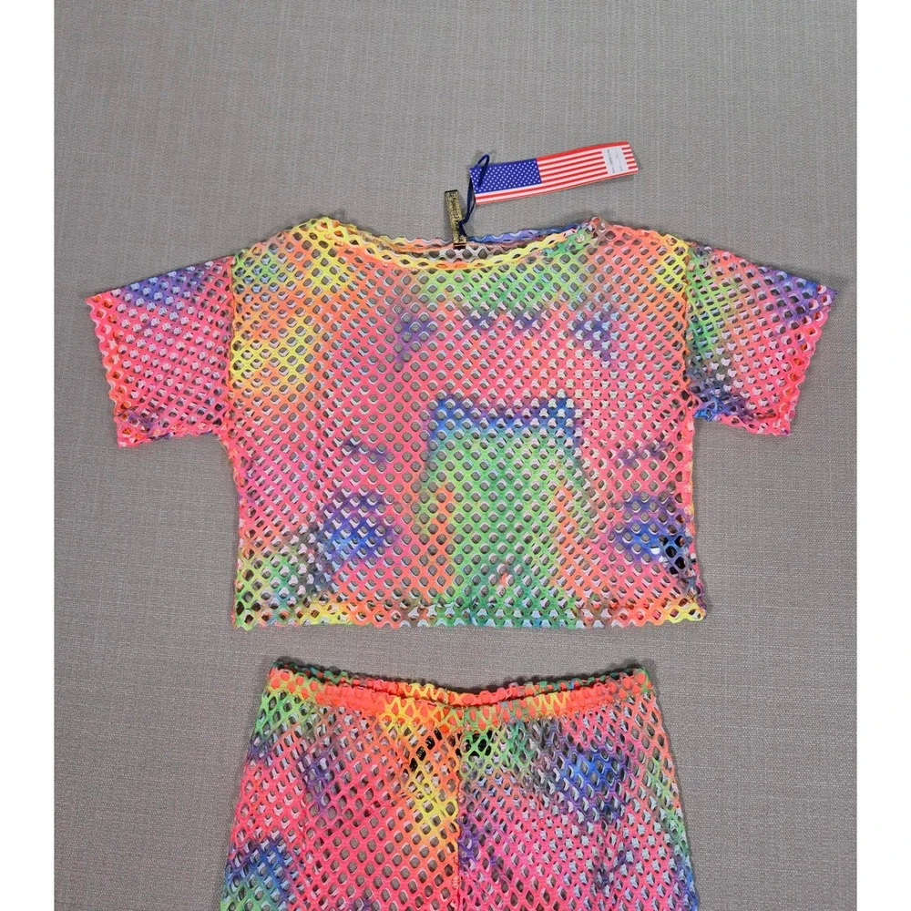 American Leisure Rainbow Tie Dye Mesh 2 Piece Set Crop Top Shorts XL New